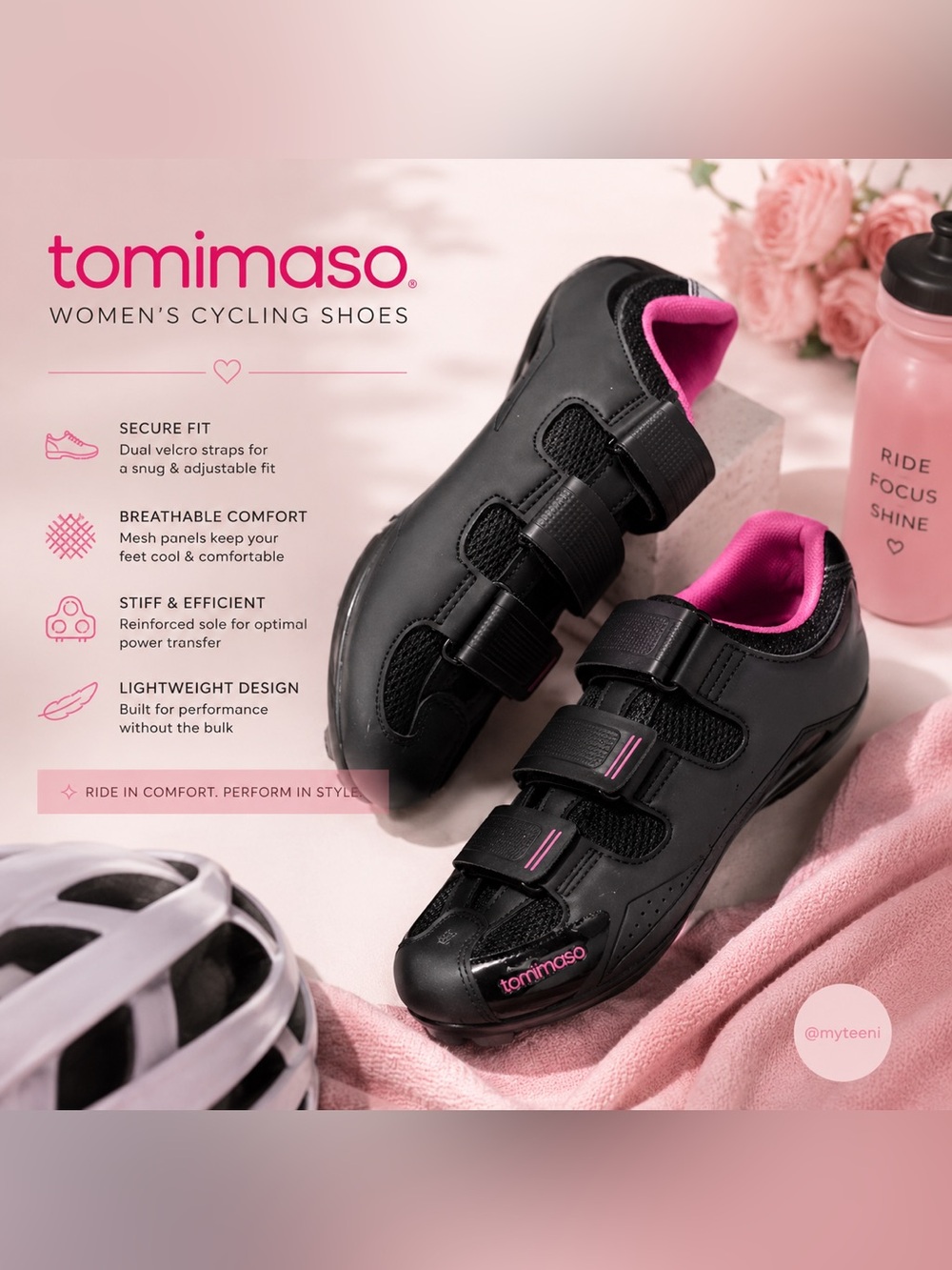 Women's Black and Pink Cycling Shoes with Red Cleat Accents